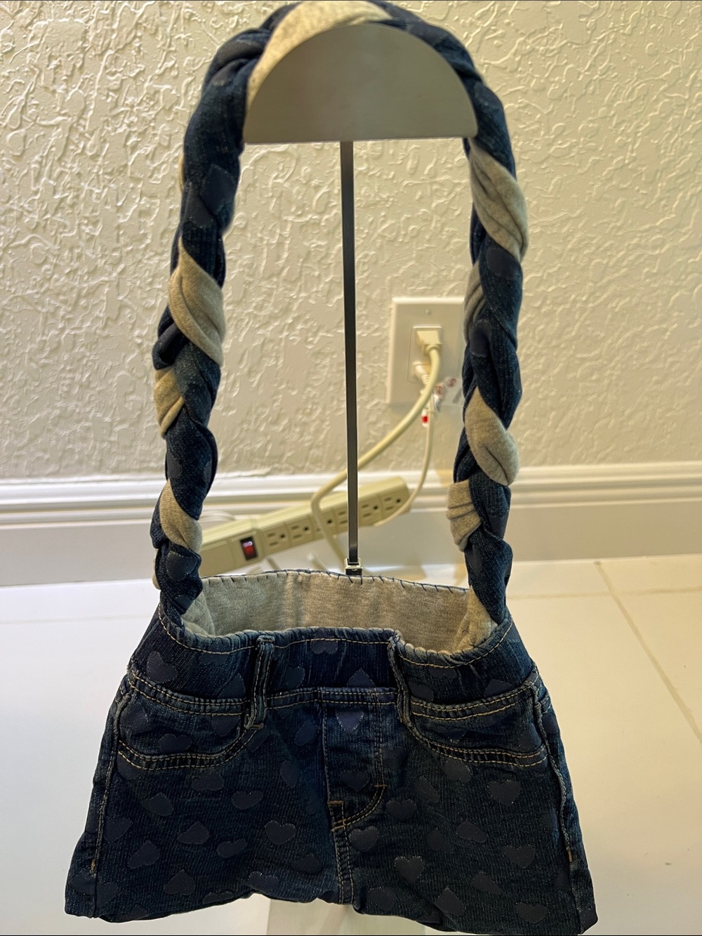 Denim Heart Mini Skirt Bag with Braided Strap